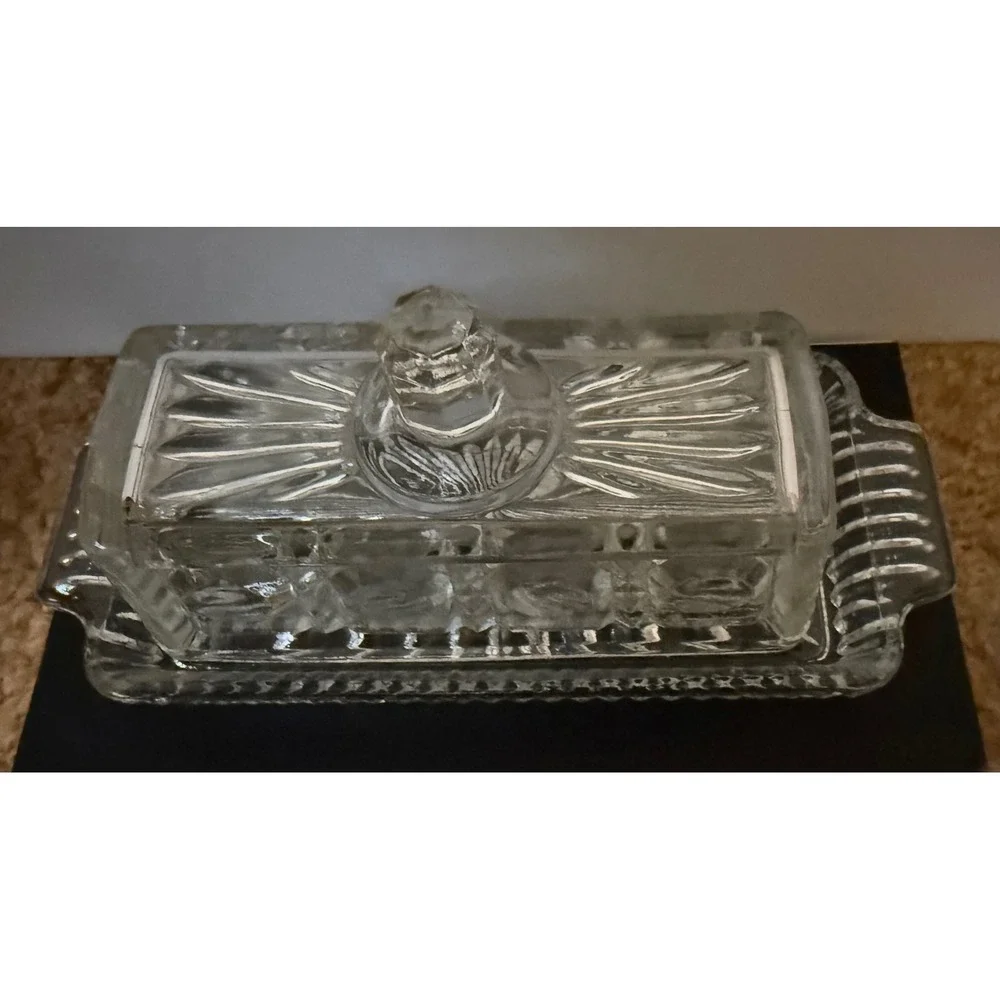 Vintage Mini Clear Pressed Glass Covered Butter Dish Starburst Diamond Pattern